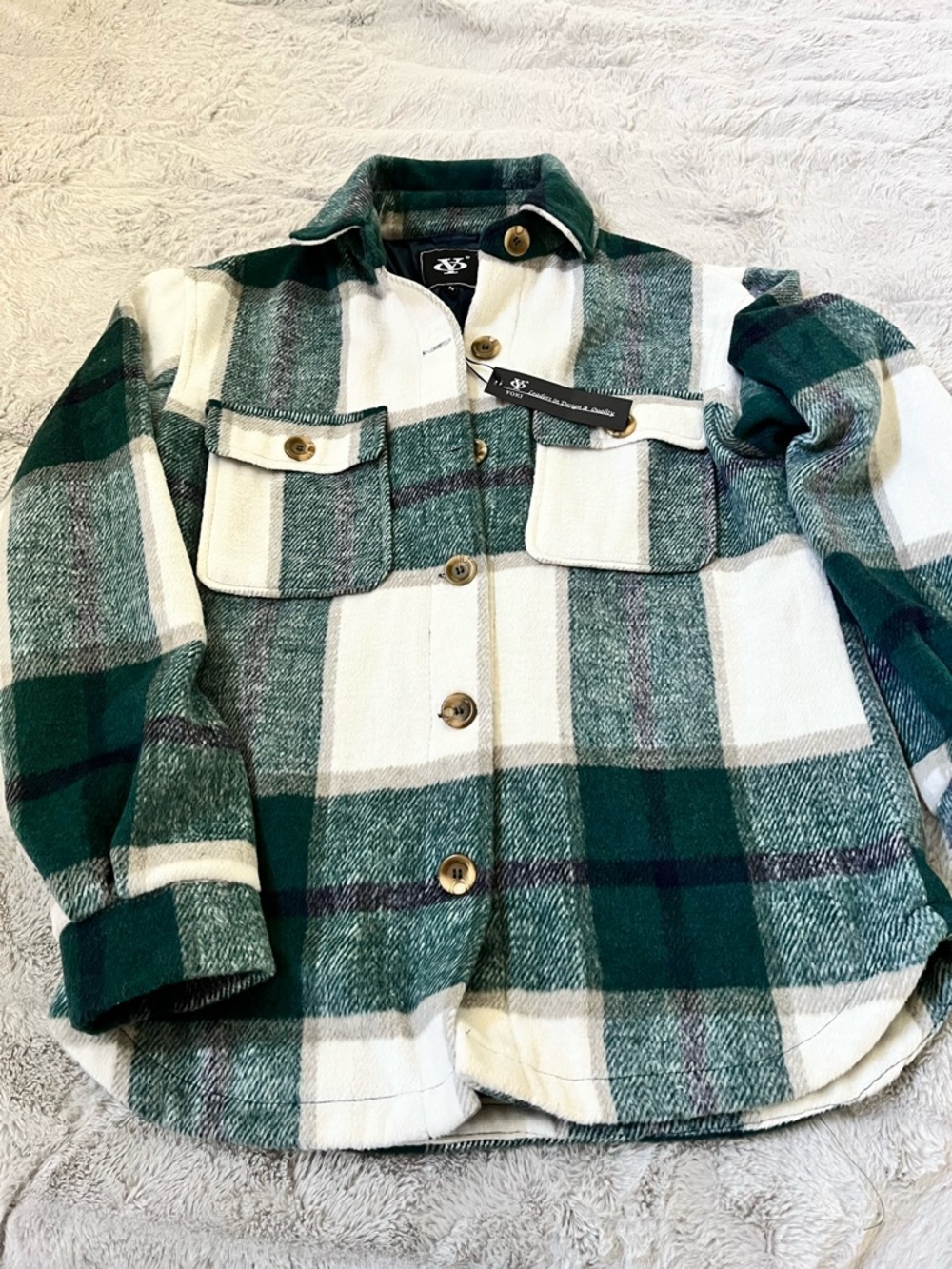 Yoki Green and White Plaid Button-Front Shacket